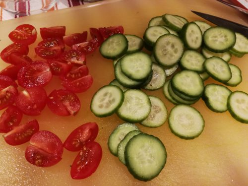 prepare cukes and tomatoes