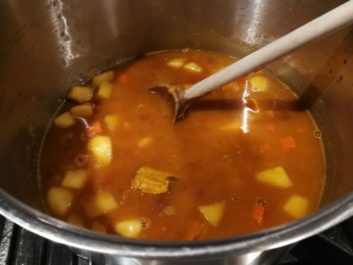 Add pumpkin butternut purees and broth
