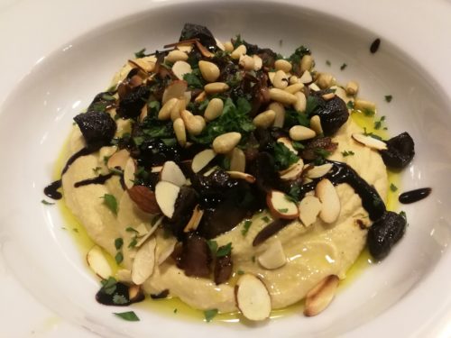 Hummus topped with Roasted Mushrooms