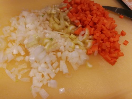 Finely dice onion, celery, and carrot