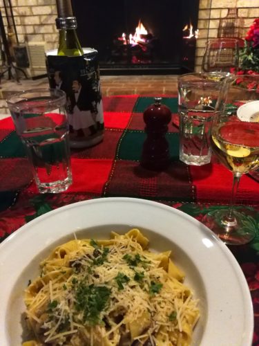 Mushroom Pappardelle and a nice white wine in front of fireplace