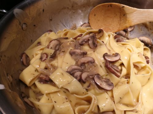 Stir the pappardelle pasta into the mushroom sauce